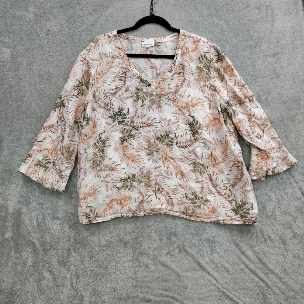 J. Jill Love Linen Top Xl Embroidery Trim Flounce 3/4 Sleeve V Neck Palm 100%‎